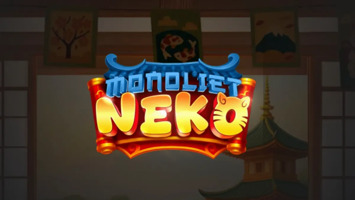 Monoliet Neko slot machine na may temang Lucky Cat at gintong simbolo.