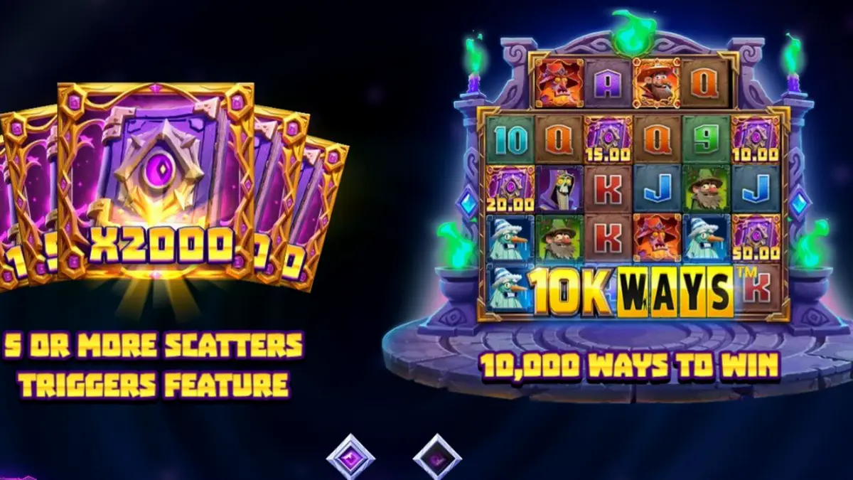 Wizbang Brawl 10K Ways slot game interface na may mga wizard symbols at cascading reels.
